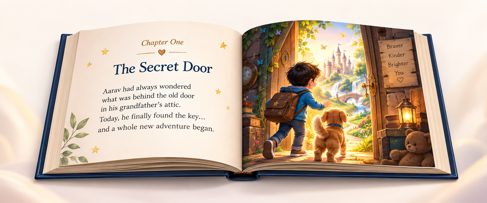 Open personalized children's storybook showing a magical adventure